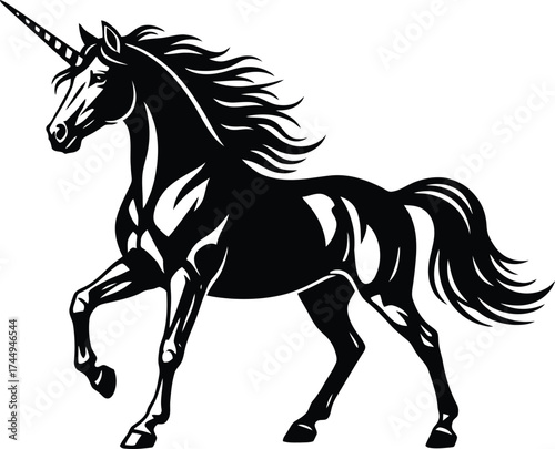 Majestic black silhouette unicorn horse with flowing mane and tail standing proudly