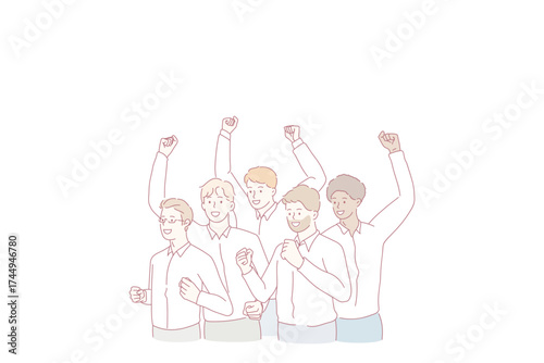 Mixed race team and success concept. Group of young men colleagues worker of various ethnicities standing celebrating success together vector illustration