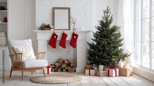 Minimalist Christmas interior with Scandinavian-style furniture, red stockings on a white mantle, and simple gift boxes beneath a natural green tree