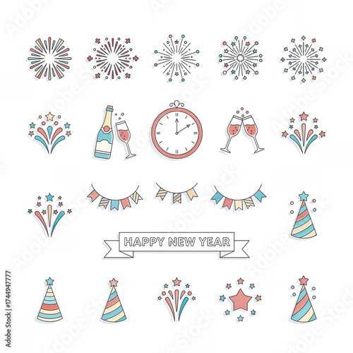 New Year Celebration Icons Set with Fireworks, Champagne, and Party Elements