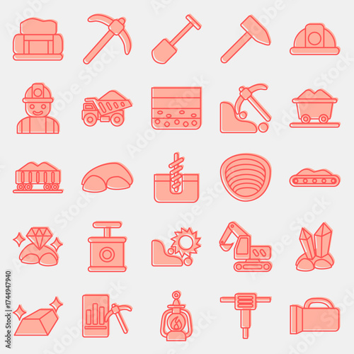 Icon set of mining. Gold mining elements. Icon in two tone style.