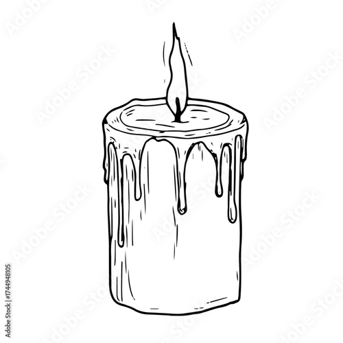 Wax candle with a flame, black and white sketch. Vector illustration. Guttered candles with a wick, insulated on a white background. Theme of Christmas, New year, winter and forest