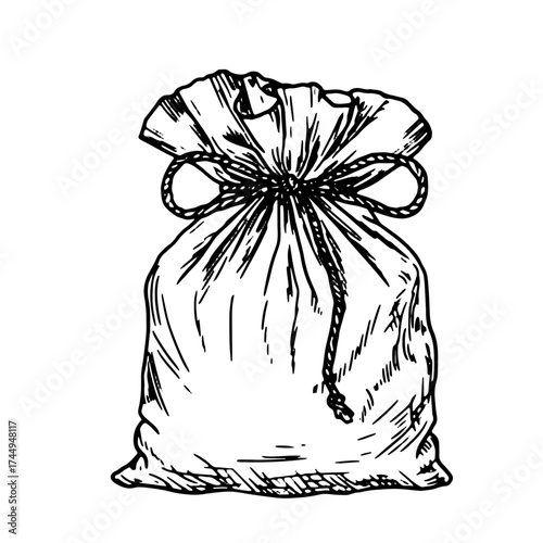 Canvas bag tied with string, black and white sketch. Vector illustration. Packaging for storing food and gifts, isolated on white background. Food and cuisine theme of Christmas, New Year and holidays