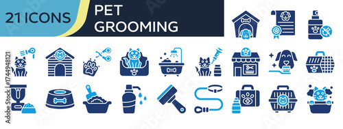 Collection of Pet Grooming icons, related to Kennel, Pet certificate, Animal vaccination, Pet salon, Pet cage and more. Solid icons vector illustation.