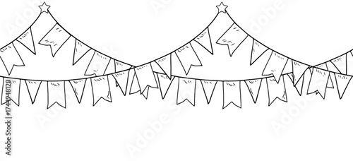 Garland of flags, sketch. Vector illustration. Festive garland, seamless horizontal border, isolated on white background.Theme new year, Christmas, birthday, for postcards and invitations