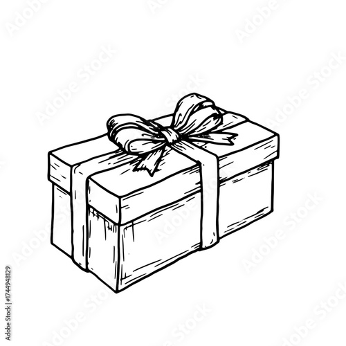 Gift box with a bow, black and white sketch. Vector illustration. Festive packaging, insulated on a white background. Birthday, Christmas, New Year and holidays theme