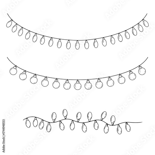 Garland of light bulbs, black and white sketch. Vector illustration. A festive candle garland,a fringe assembly kit, is isolated on a white background. For holiday postcards, invitations, banners