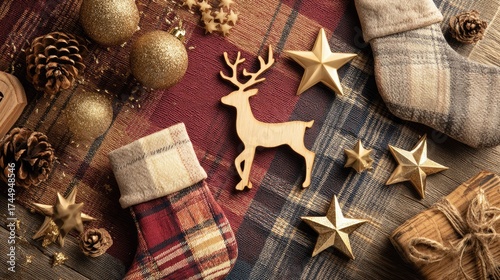 Warm-toned plaid texture background featuring glimmering gold stars, wooden reindeer cutouts, and holiday stockings.
