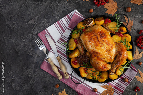 Roasted chicken with potatoes. Autumn decoration Thanksgiving day. Baked whole chicken.