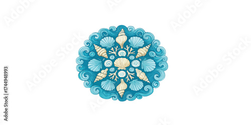 Print  Circular mandala formed by sea shells, corals, and ocean waves, aquatic blue tones, calm and relaxing theme.
