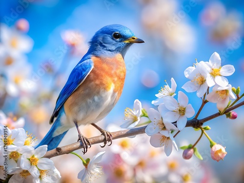 Azure Melody: Bluebird Amidst Spring Blossoms