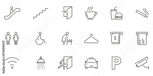 Public Facility And Service Icons Collection. Accessibility, Amenities and Convenience Symbols Set. Includes Escalator, Stairs, Entrance. Editable Stroke. Isolated Vector Illustration