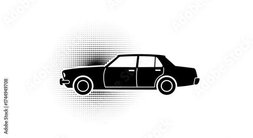Classic Black Sedan Car Silhouette on White Background.