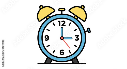 Classic Blue Alarm Clock with Yellow Bells and White Face Showing Three OClock.