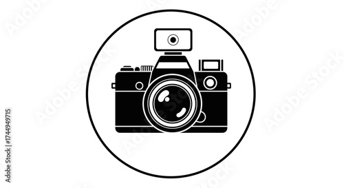 Classic camera silhouette within a circle capturing moments perfectly.