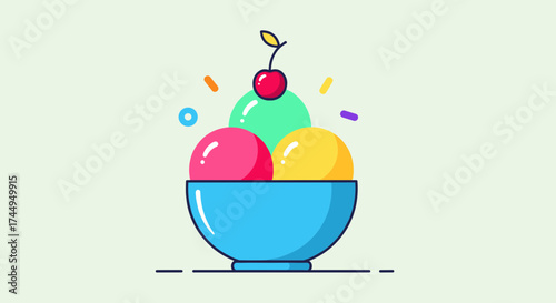 Colorful Ice Cream Sundae with Cherry Topping Illustration.