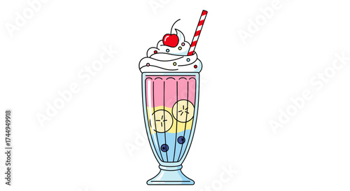 Colorful layered milkshake with fruit and cherry on top.