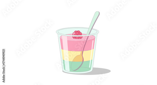 Colorful layered dessert in a clear plastic cup with a spoon.