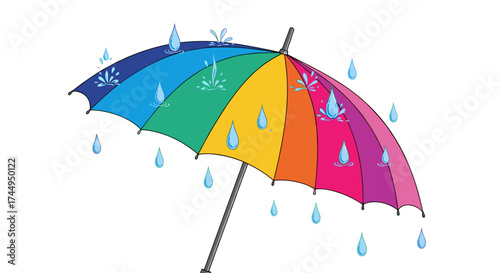 Colorful Umbrella with Raindrops on a White Background.