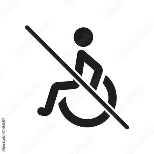 Wheelchair Not Accessible Solid Icon. No Wheelchair Access, Restricted Mobility Area Silhouette Symbol. Accessibility Limitation Warning. Isolated Vector Illustration