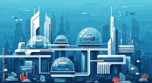 Futuristic Underwater City with Domes and Structures.