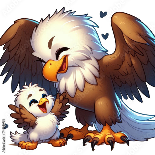 Playful baby bird and parent enjoying a sunny day