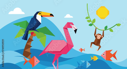 Geometric origami animals in a tropical jungle scene.
