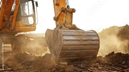 A close cinematic dolly shot of excavator bucket digging soil, dust particles floating in sunlight, detailed focus on hydraulic joints and arm movement.

