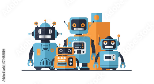 Group of colorful robots standing together in a row, futuristic design.