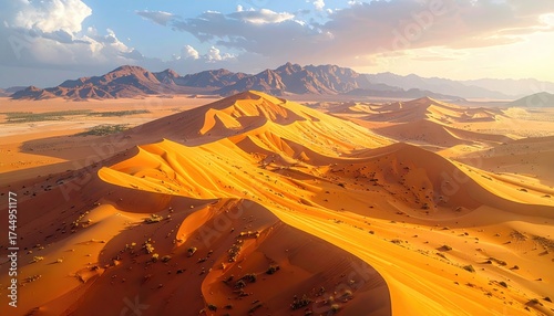 Sweeping panoramic landscape presents colossal sand dunes with textured surfaces, bathed in warm sunlight, with mountains silhouetted in the distant background against a partially cloudy sky,...