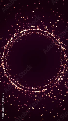 Glowing pink star particles forming sparkling circular frame on dark background, festive glitter ring animation for New Year celebration, award ceremony or event design. 4K loop vertical animation.