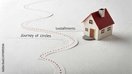 Model house on a winding path representing the journey of installments in home financing and property ownership decisions