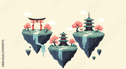 Japanese Floating Islands with Pagodas and Torii Gates.