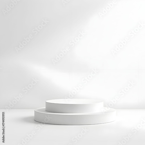 Minimalist Presentation Stage: A pristine, two-tiered pedestal stands centered, casting soft shadows. Its design is ideal for highlighting products or content in a clean, contemporary style. 