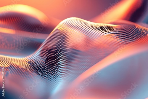 Abstract flowing mesh surface with glowing orange and blue light background texture image