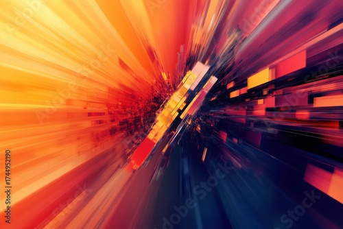 Abstract geometric explosion of orange red and blue light streaks image