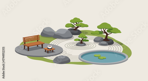 Japanese Zen Garden with Pond and Bonsai Trees.