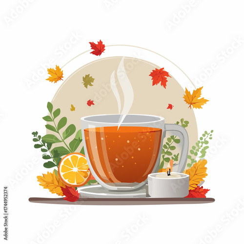 Flat-Lay Autumn Wellness Spa Banner with Herbal Tea Candle Eucalyptus Vector