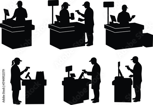 Cashier silhouette, customer silhouette, retail checkout counter, barcode scanner, cash register, grocery store, supermarket shopping, self checkout, point of sale, cad drawing flat vector