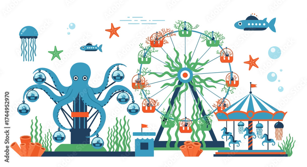 Obraz premium Marine Themed Amusement Park Illustration with Fun Rides.