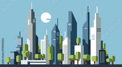 Modern city skyline with skyscrapers and buildings under the sun.