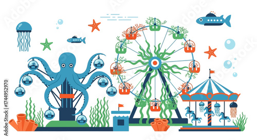 Marine Themed Amusement Park Illustration with Fun Rides.