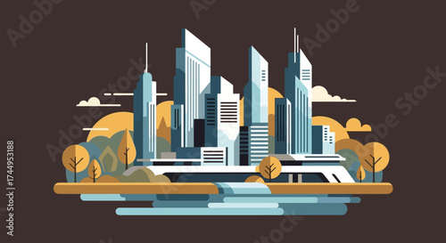 Modern Cityscape with Tall Skyscrapers and Geometric Buildings.