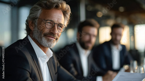 Confident business team standing and smiling in office