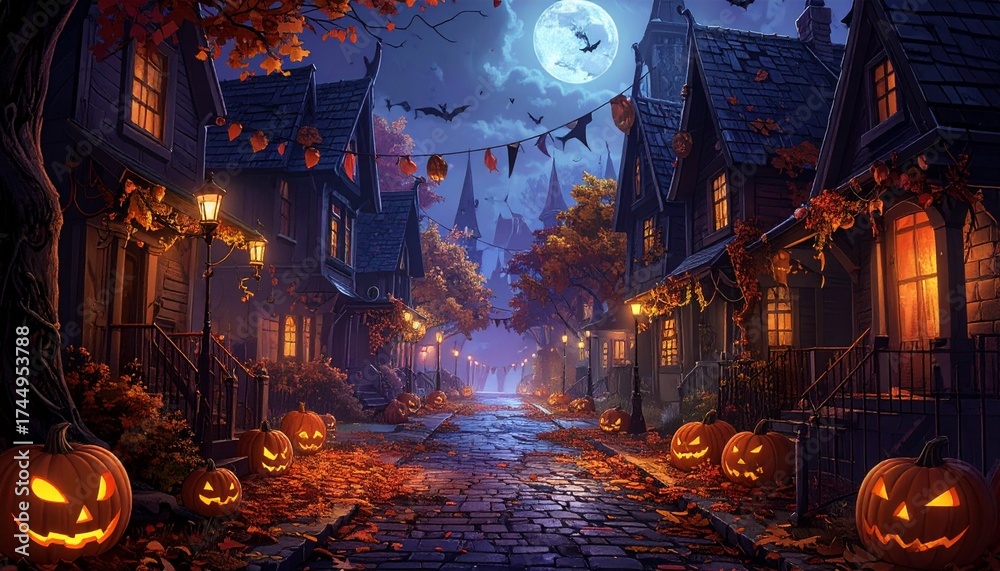 Obraz premium Halloween Night Street Jack-o'-Lanterns, Full Moon, Spooky Town