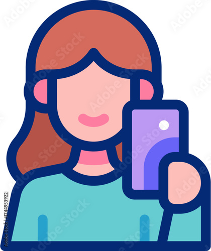 Selfie flat icons set with editable stroke, featuring smartphone, camera, mirror, face, smile, lighting, group photo, influencer, social media, photography illustration