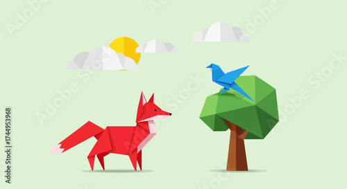 Origami Fox and Bird on a Tree Low Poly Illustration.