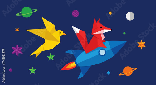 Origami Fox and Bird in Space on a Rocket.