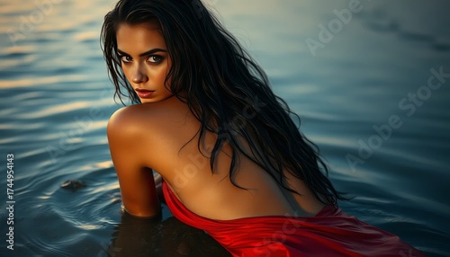 Close-up of a stunning woman lying in shallow water at the edge of the beach at dusk. A dark red dress with an open back hugs her body and merges with the reflection in the water. Long, wet