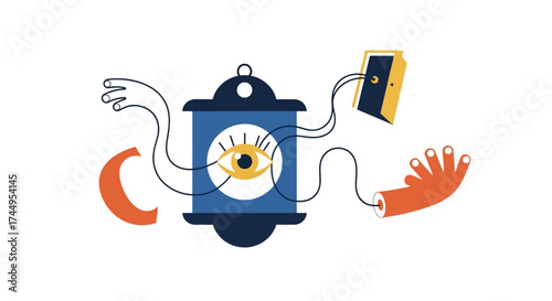 Ramadan lantern with crescent moon and holy book illustration.